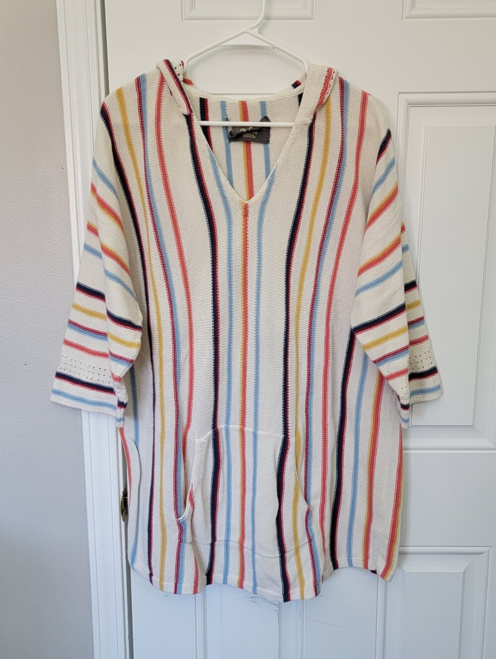 Natural Reflections Women's XL Hooded V-Neck Striped 100% Cotton Knit Sweater
